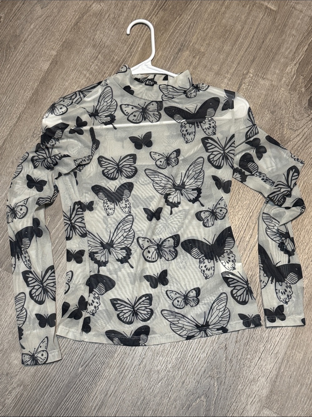 Sheer Butterfly Print Long-Sleeve Top - Black on Cream